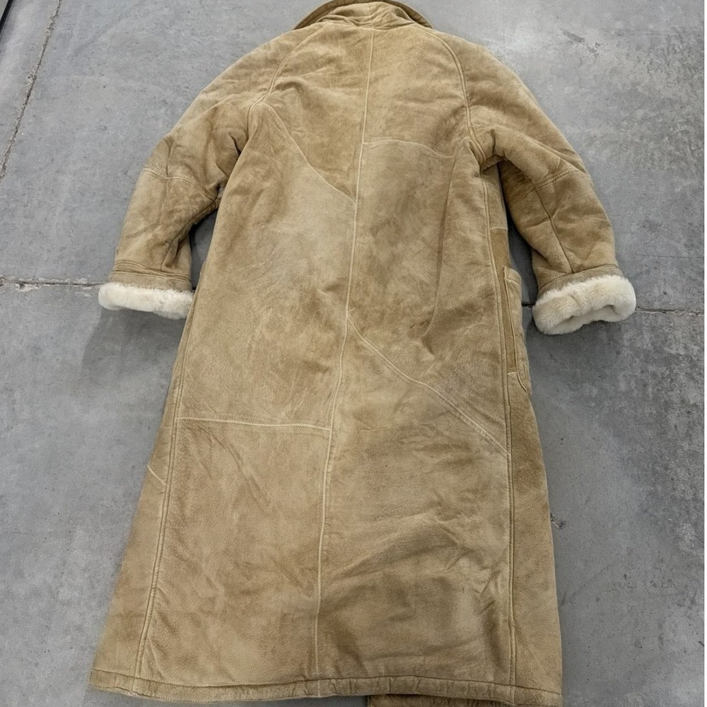 Vintage Tan Suede Shearling Coat Long Faux Fur Trim Toggle Jacket Tan Cream - Picture 7 of 10